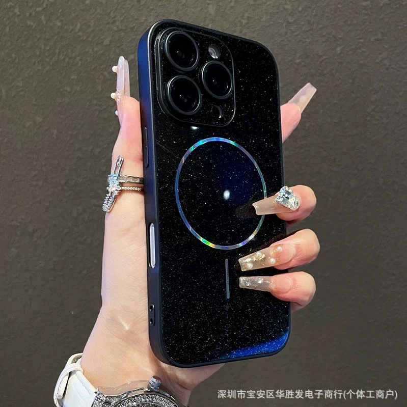 Чехол для Apple 16 Pro Max, магнитный, тонкий, круглый, лазерный, звездное небо, блестящий, аврора, защитный чехол для iPhone 15