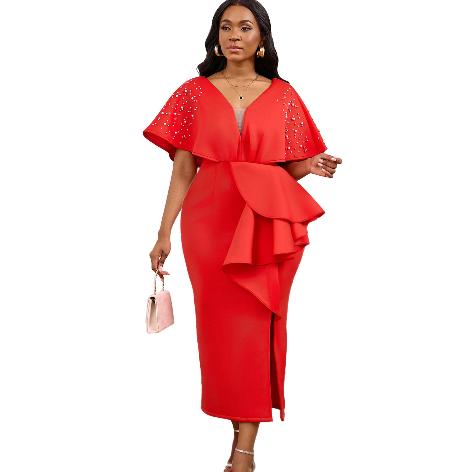 Robe de soirée sexy à col en V et à volants avec fente perlée, robe de banquet de tempérament de célébrité_voghion.com