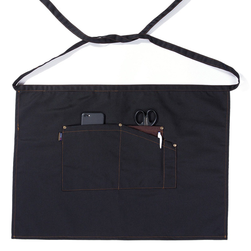 Amazon medio delantal logotipo impreso leche tienda de té cafetería ropa de trabajo corto medio lienzo delantal al por mayor