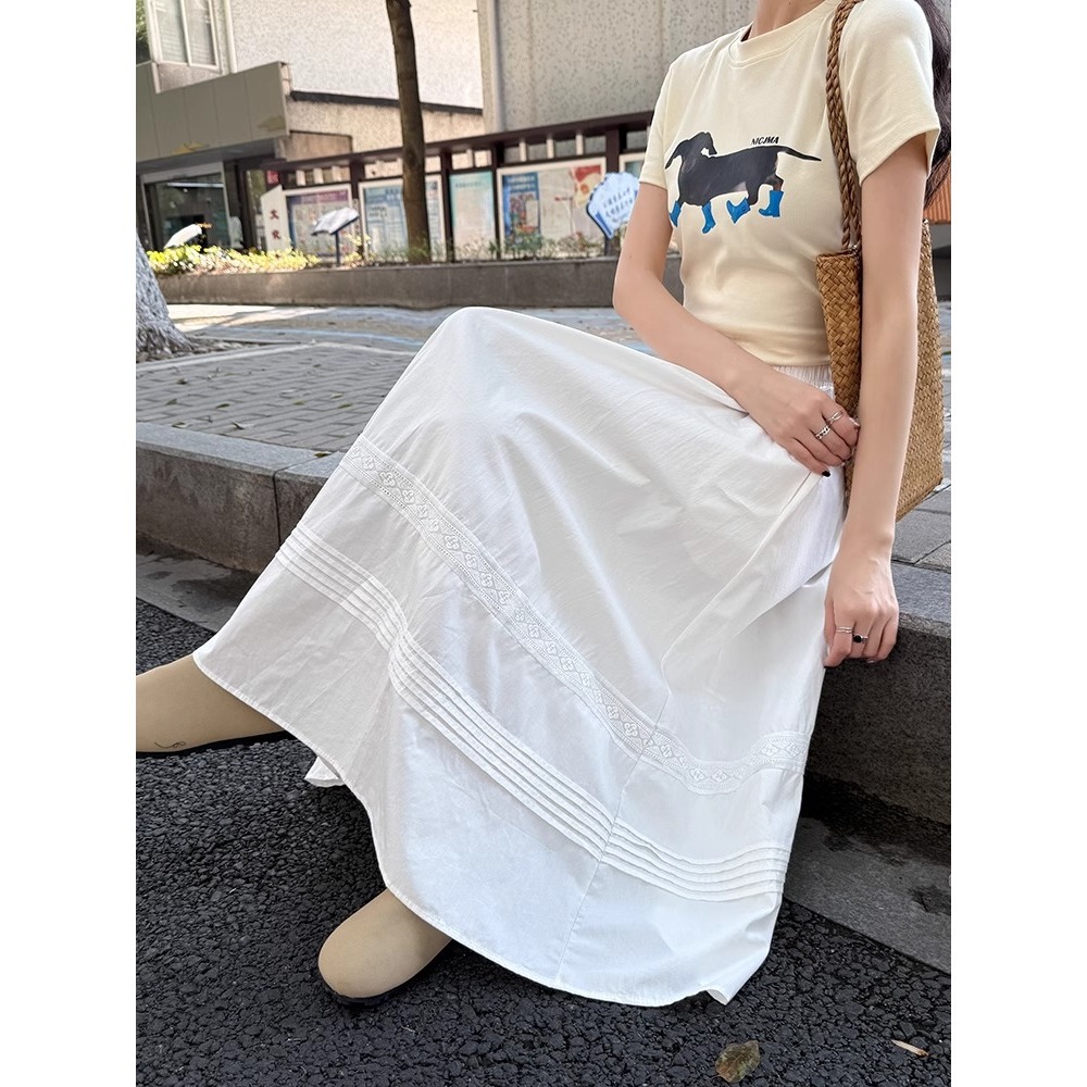 Chân váy xòe chữ A trắng phong cách Hàn Quốc eo thun — Màu trắng (vải cotton lót túi)