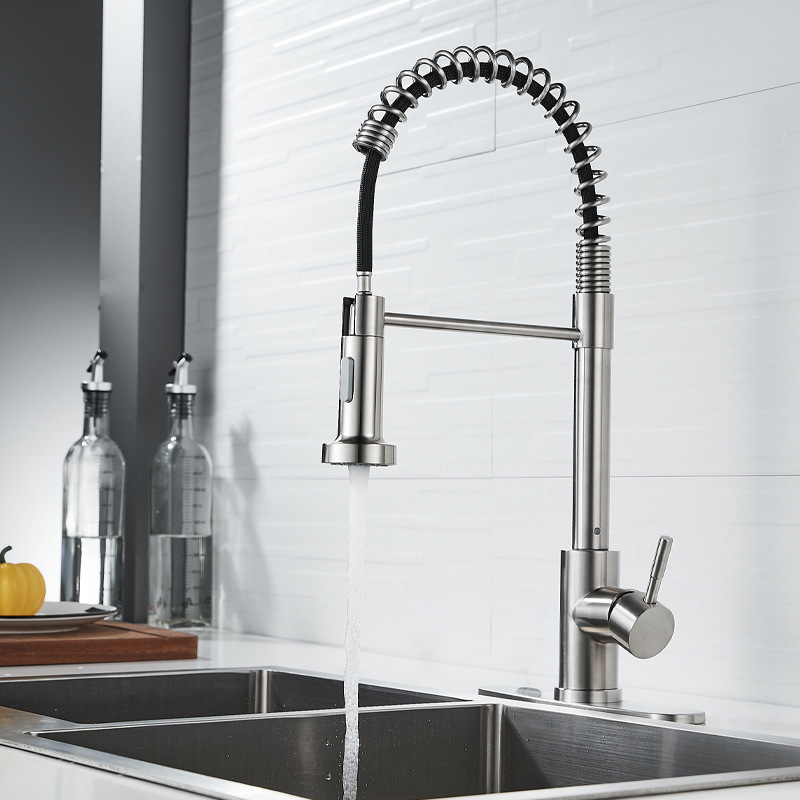 304 Stainless Steel Spring Sink Kitchen Faucet Hot and Cold Sink Dishwashing Pull-Out Faucet Shower Head Rotatable