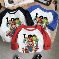 Pure cotton children's T-shirt long-sleeved boys and girls' clothing 2025 cute Mario animation fun base shirt top spring and autumn
