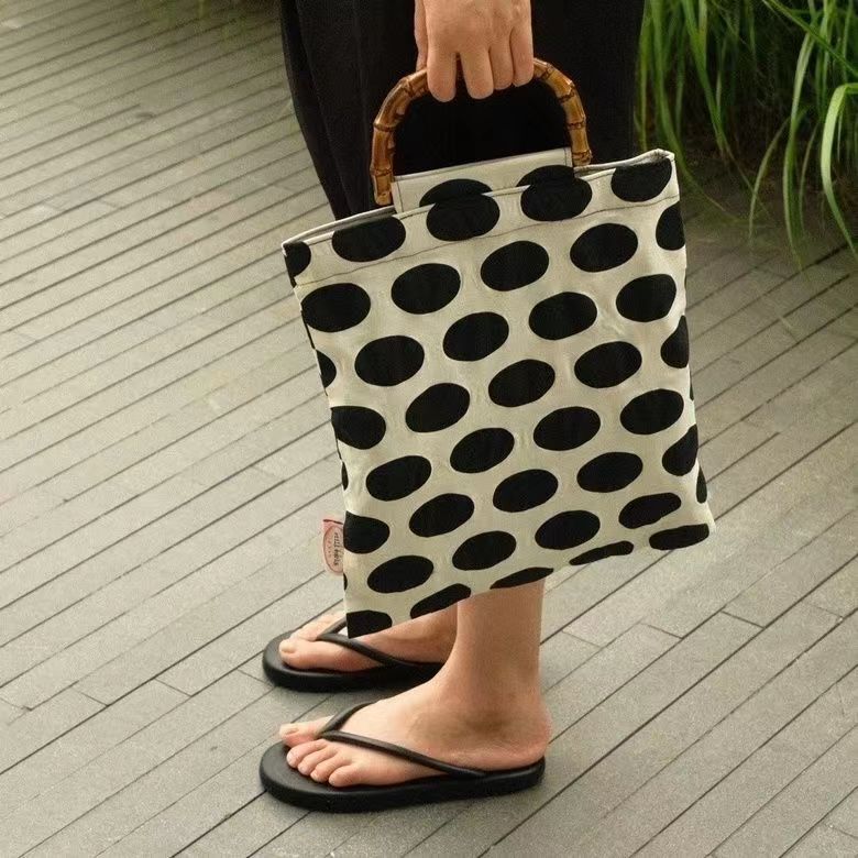 Vintage Polka Dot Black Rice Color Pop Style Slub Bag Double Layer Handbag