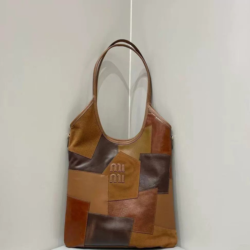 Miu Bag Viy Autumn and Winter Retro Patchwork Bag Patch Tote Bag Commuter Shoulder Hobo Underarm Bag Patchwork Design