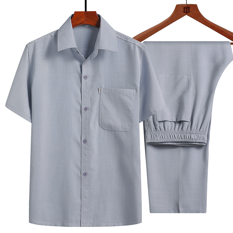 2022 Men's Short-Sleeved Shirt Cotton-Linen Middle-Aged and Elderly Men's Suit Dad's Clothing Elderly Clothes Grandpa Summer Clothing Cotton-Linen Breathable