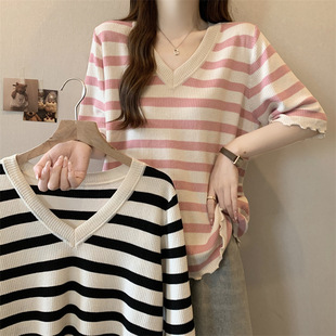 Summer plus size Chubby Girl V-neck Loose Striped Shoulder Short-sleeved T-shirt chubby girl Fat Covering Knitted Top