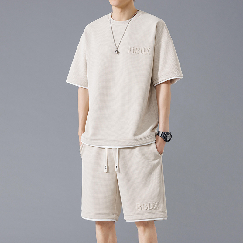 Waffle Summer tallas grandes casual traje de tendencia de manga corta para niños, transpirable, versátil, guapo, suelto, deportivo de dos piezas