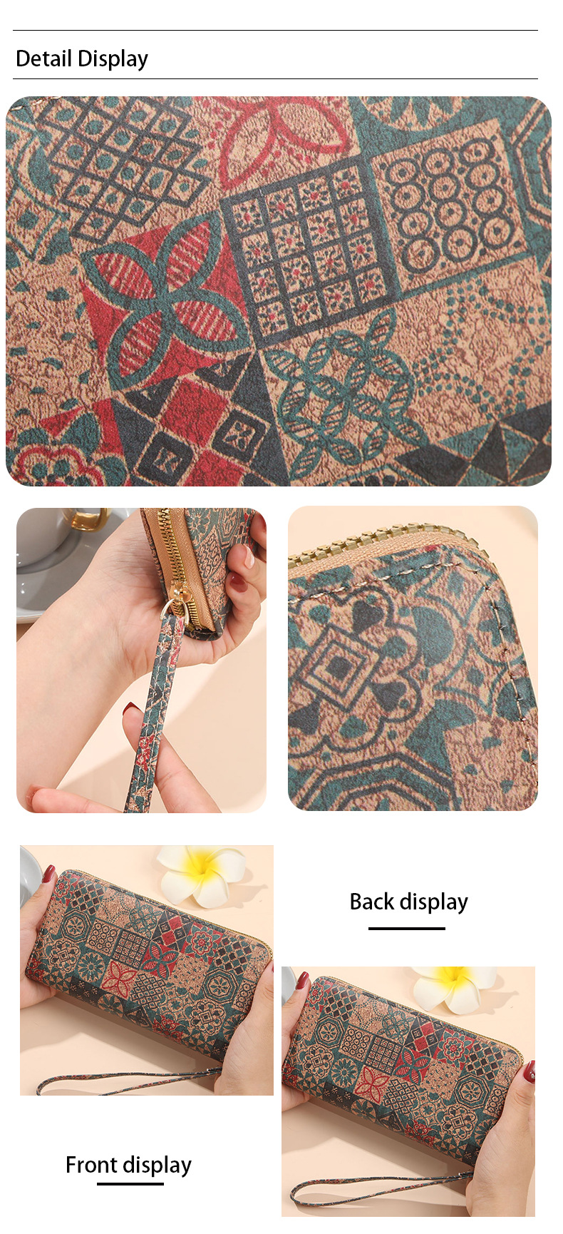 90g Weight Polyester Lining Material Zipper Closure Type Long Wallets Bags Type 1 Piece Quantity Daily Occasion Pu Leather Material Geometric Pattern All Seasons Season Women's Gender Vintage Style Style Square Shape Women's Geometric Pu Leather Zipper Long Wallets 6