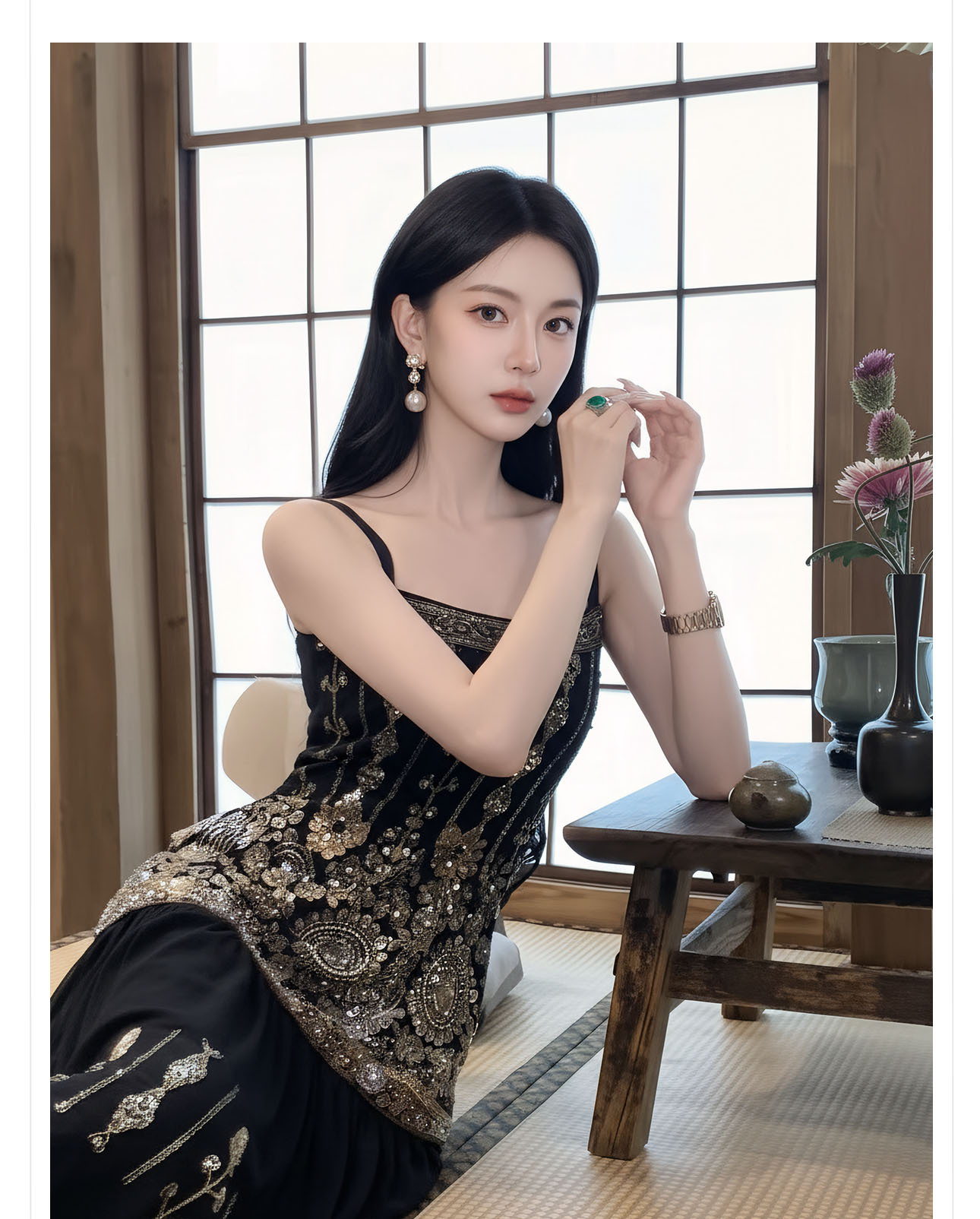 Đầm maxi nữ thắt eo phong cách tân cổ điển đính kết cườm thêu hoa — màu đen chi tiết 3