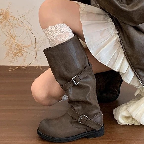 复古擦色做旧高筒靴长筒靴机车靴女中筒骑士靴2025新款秋季长靴子|undefined