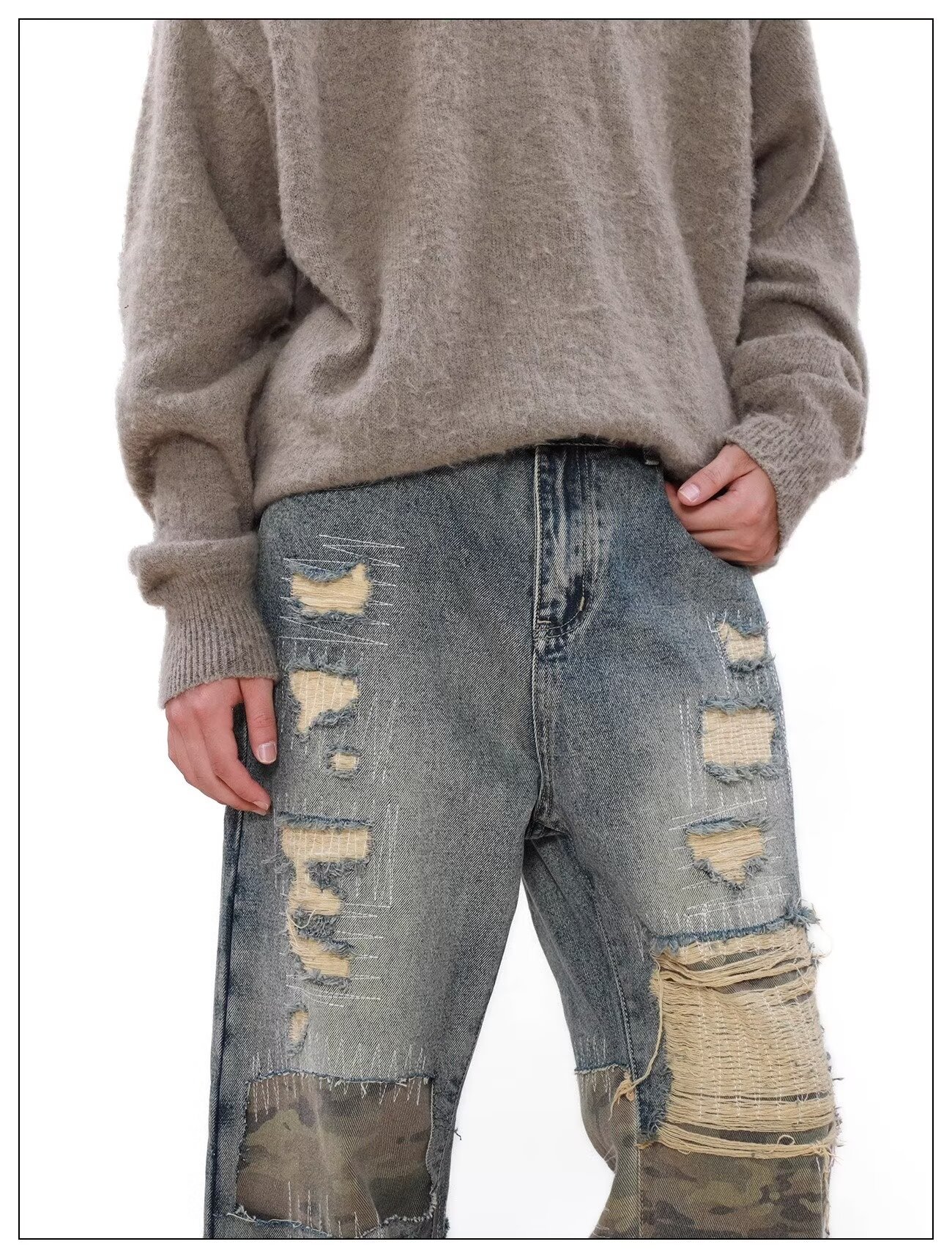 Jeans uomo vintage denim distressed patchwork camouflage blu_voghion.com