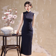 藏蓝色无袖国风新中式长款旗袍改良年轻款2025新款女复古修身收腰