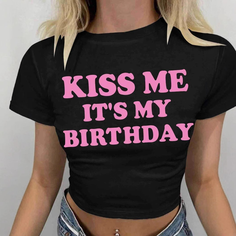 European and American Cross-border Slim-fit Round Neck Slim-fit Top Letter Printed Short-sleeved T-shirt Street Sweet and Hot Short Top for Summer