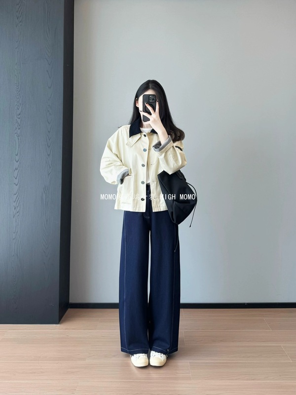 小禾+轻奢质感！灯芯绒翻领高支棉格纹内里长袖风衣外套女早秋|undefined