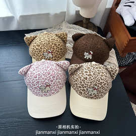 可爱猫咪耳朵豹纹棒球帽女甜美辣妹宽帽檐大脸显脸小新款鸭舌帽子