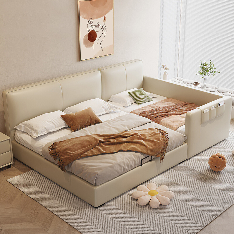 Parent-Child Bed Small Apartment Splicing Oversized Master Bedroom Big Bed for Two Children Home Solid Wood Bed for Family of Four Three Leather Bed