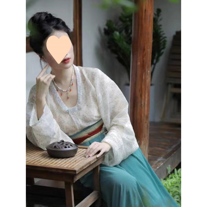 A Touch of Turquoise Green New Chinese Style Hanfu Tang-Style Tencel Draped Collar Shirt with Eight-Panel Skirt for Daily Commuting
