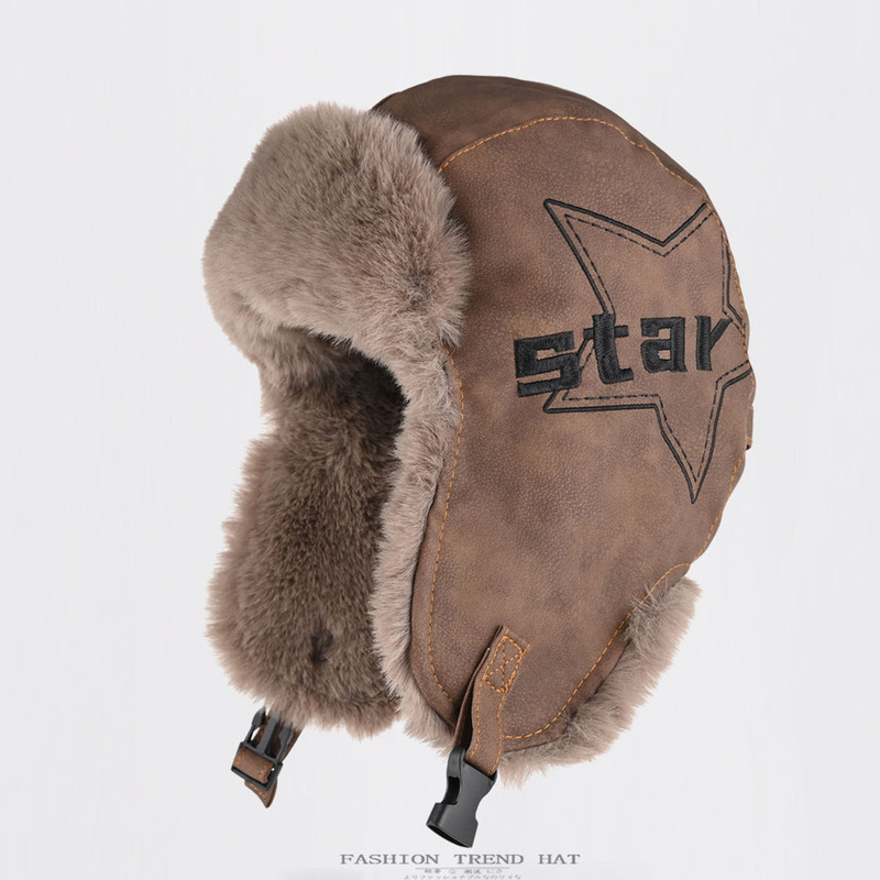 Leather Lei Feng Hat for Men and Women, Winter Thickened Fleece Warm Ear Protection Hat, Northeast Cold-Proof Pilot Hat, Cross-Border Trade