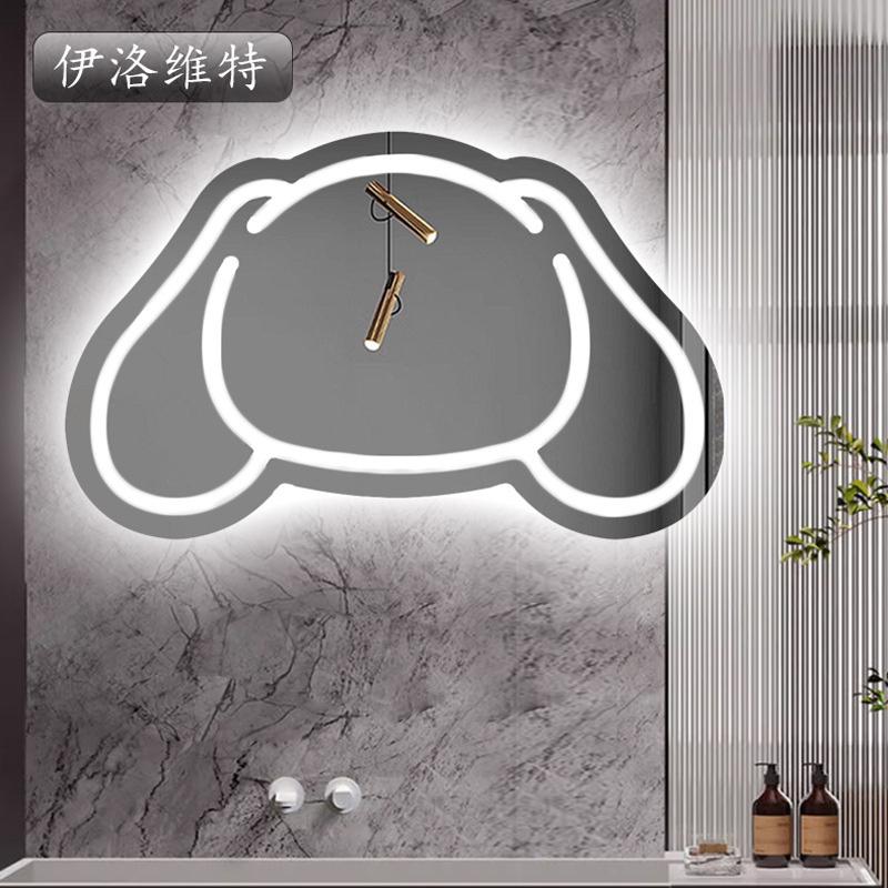 Elovette Super White Glass Cartoon Yugui Dog Wall Hanging Bathroom Touch with Lamp LED Defogging Toilet Cosmetic Mirror