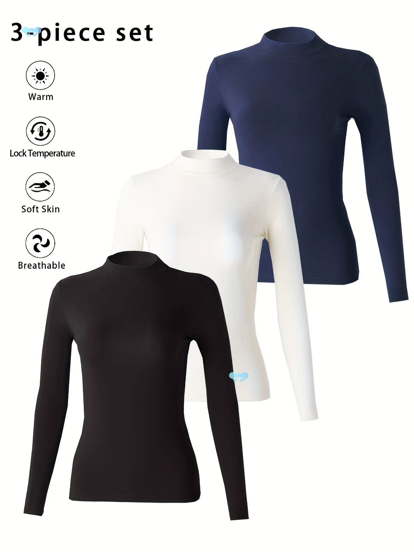 3шт женские осенне-зимние термотопы с высоким воротником и длинными рукавами