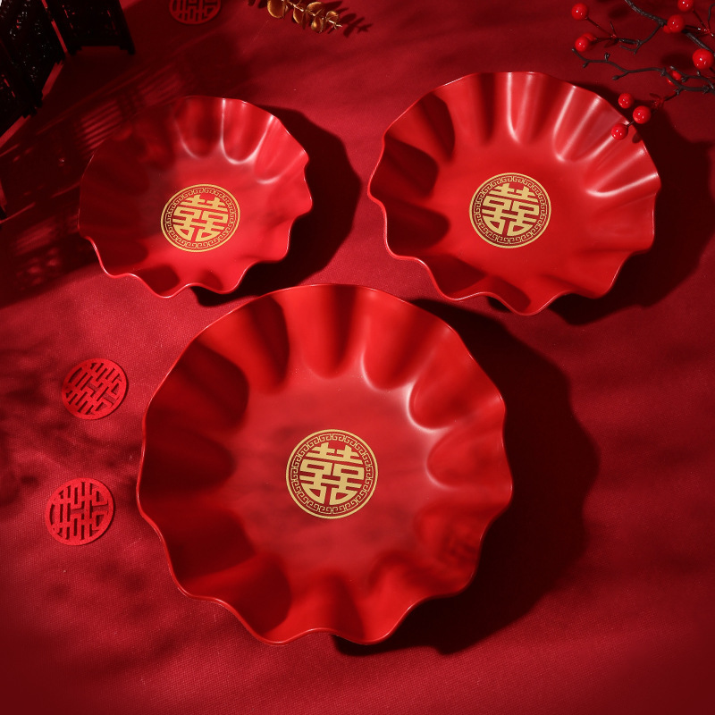 Wholesale wedding supplies new wedding fruit plate Chinese lace red dried fruit plate large, medium and small wedding plate