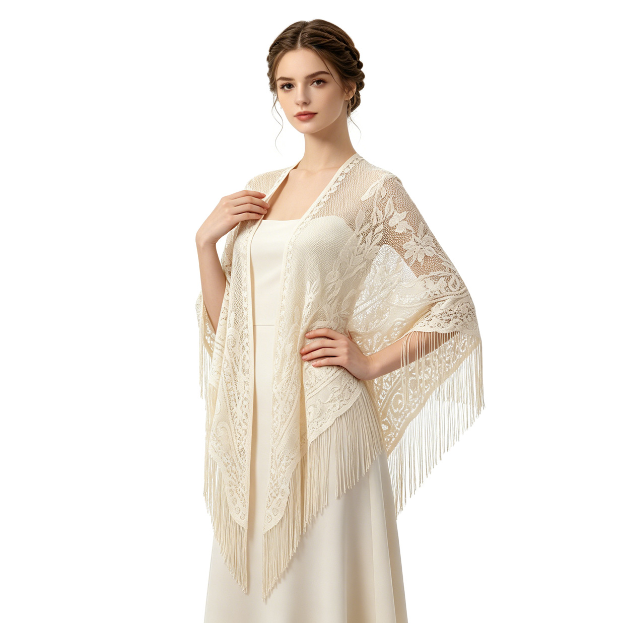 Cross-Border Tassel Fashion Shawl, Lace Hollow-Out Wedding Dress Outer Shawl, Floral Breathable Lace Triangle Scarf