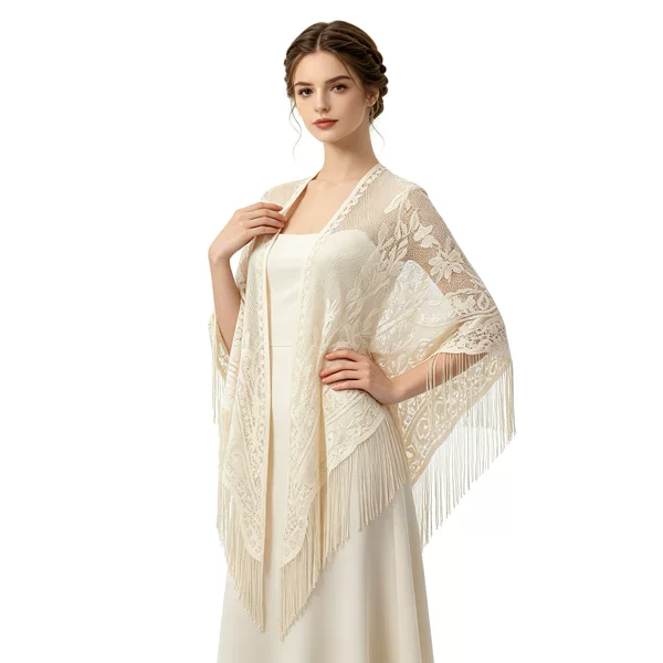Cross-Border Tassel Fashion Shawl, Lace Hollow-Out Wedding Dress Outer Shawl, Floral Breathable Lace Triangle Scarf
