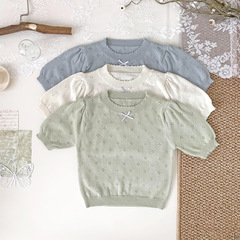 Cutemily Cross-border Baby Girl Simple Hooded Lace-up Top Thin Cute Round Neck Butterfly Knot Knit Short Sleeve