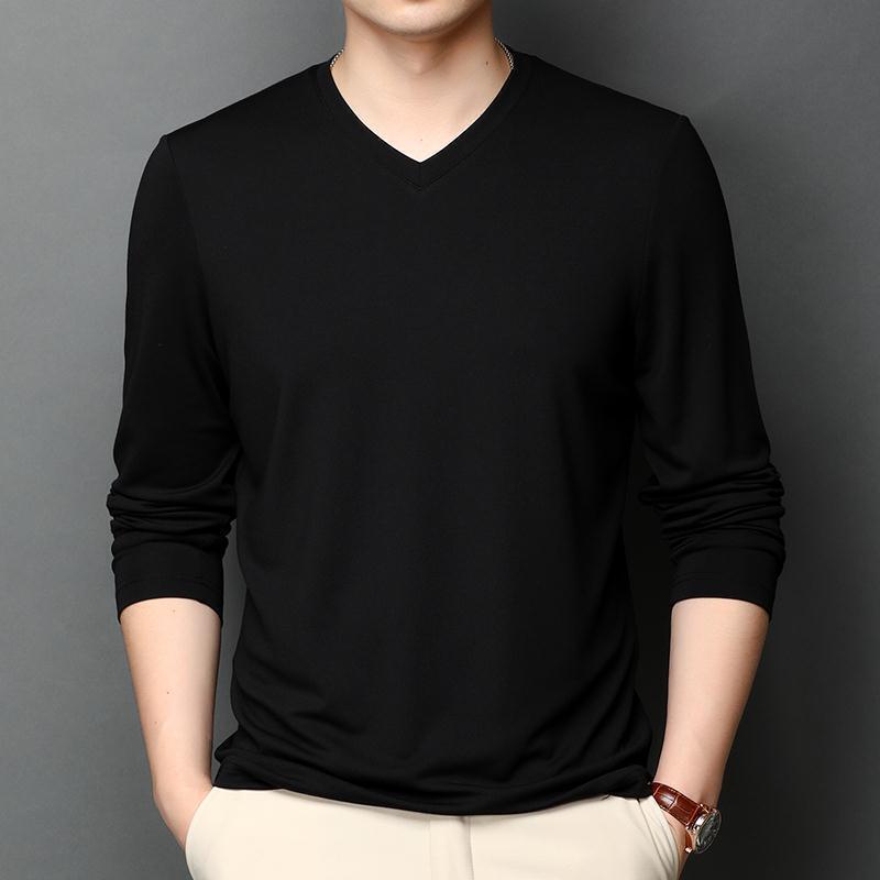 Men's Ice Silk Long-Sleeve T-Shirt, Middle-Aged Summer Ultra-Thin V-Neck Base Shirt, Solid Color Inner Wear Top, New