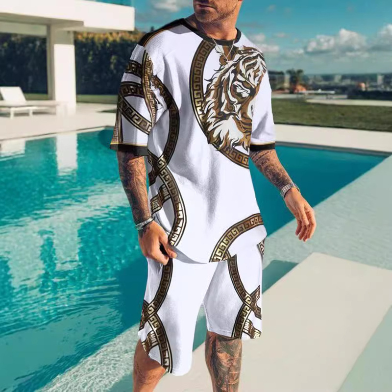 2025 Summer Cross-Border European and American Amazon Short Sleeve Shorts Two-Piece Set Sports and Leisure 3D Printed Men's Suit