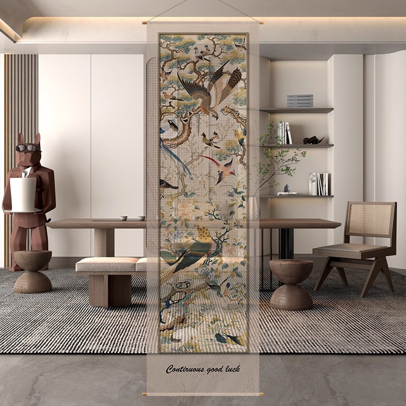 Nuevo estilo chino de pájaros de flores de flores semipermeables cortina de tela larga colgante de tela atmósfera sala de té sala de té cortina de partición decoración de sala