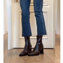 高跟短靴女2025女秋冬新款加绒弹力靴子方头小踝靴粗跟法式瘦瘦靴