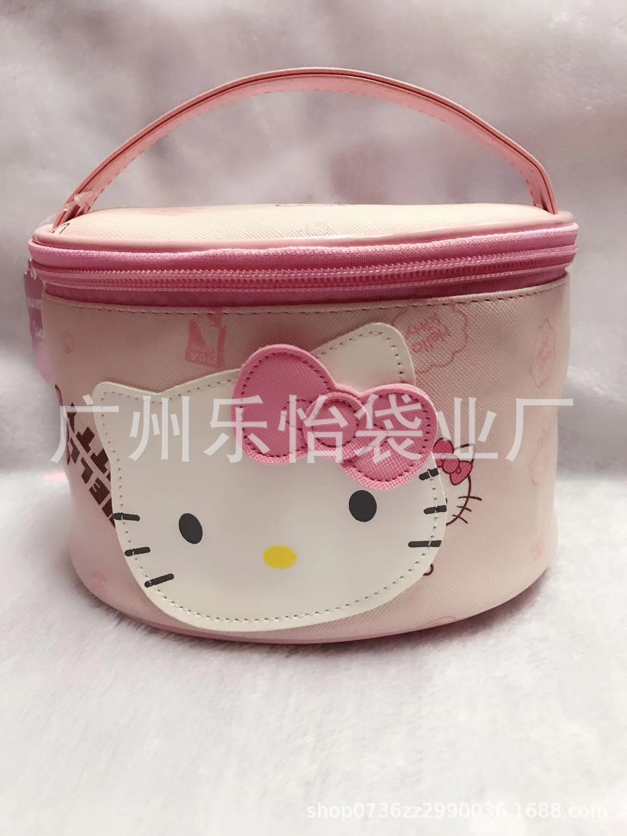 Linda bolsa de cosméticos de almacenamiento de barril de cuero PU con cara de gato en forma de dibujos animados para damas con lazo lindo