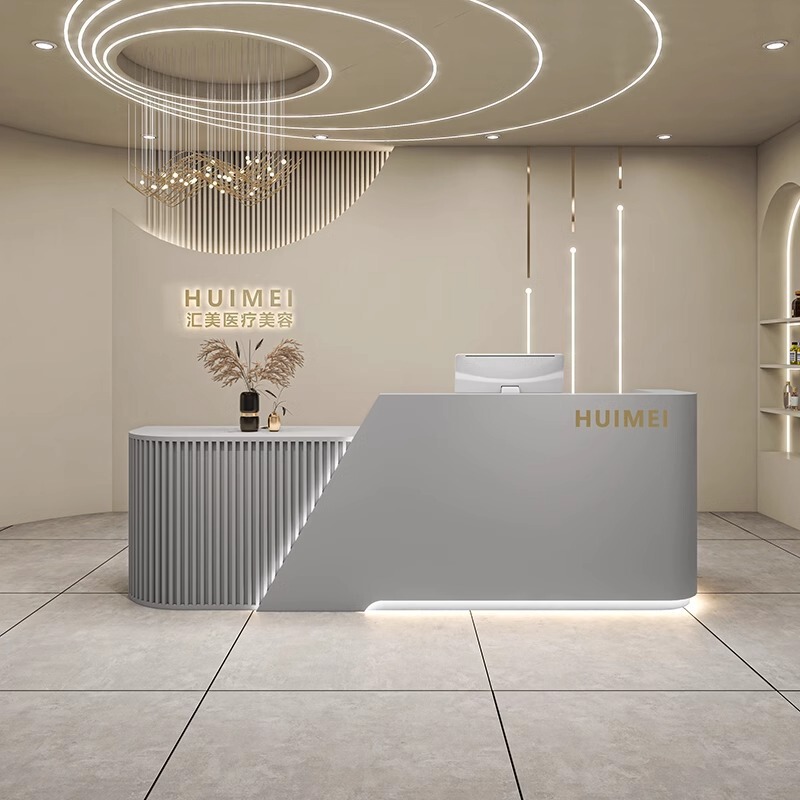 バーテーブル、ビューティーサロン、レジ、衣料品店、シンプルモダンなフロントデスク、アークトレーニングセンター、受付デスク、L字型コーナー|undefined