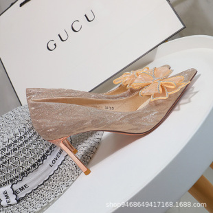 Bow Crystal High Heels 2022 New Adult Ceremony French Stiletto Pointed Toe Dinner Dress Not Tired Feet Wedding Shoes