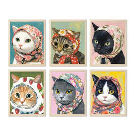 搞笑猫咪海报6件套可爱俄罗斯奶奶猫墙饰爱好者猫咪图片装饰画芯