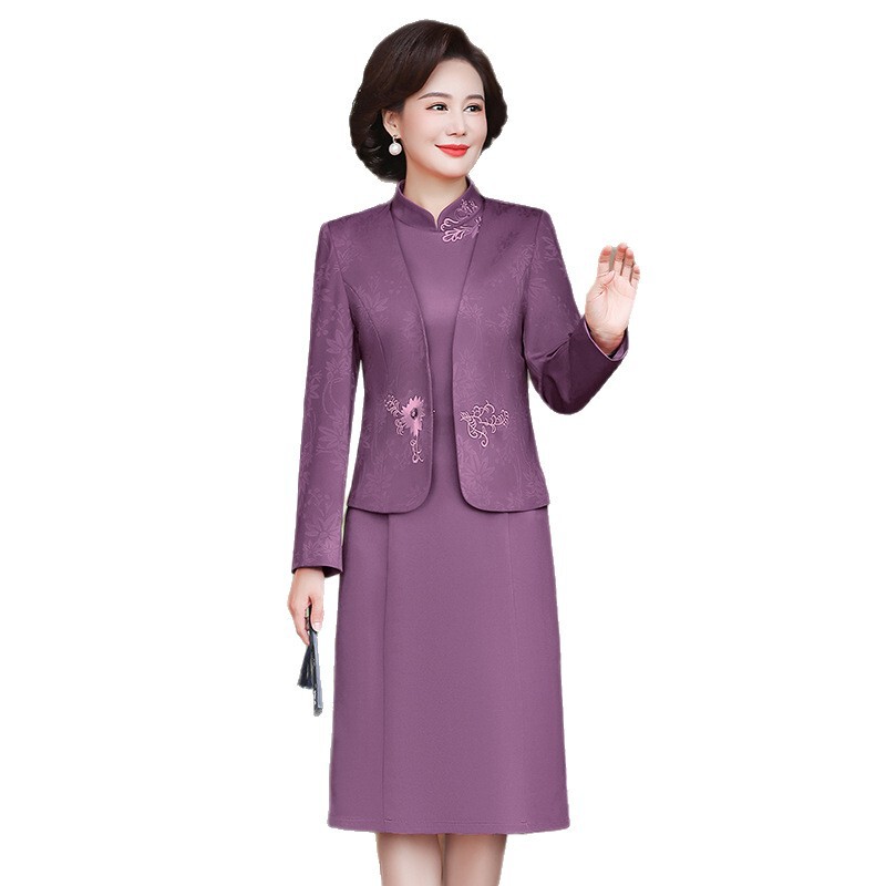 妈妈装春秋新款连衣裙喜婆婆婚宴礼服高贵婚礼礼服刺绣裙子两件套|undefined