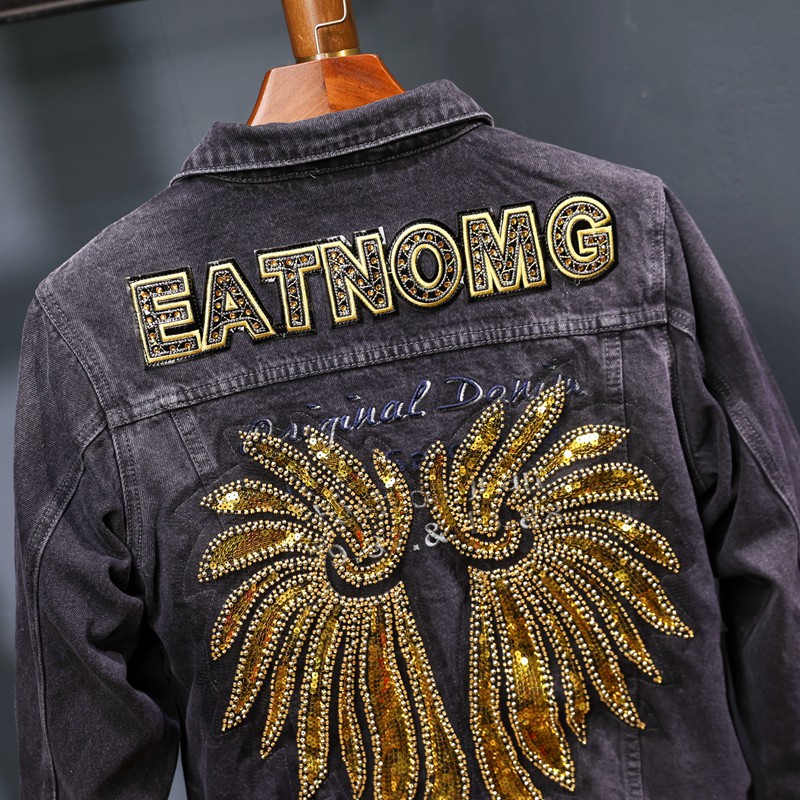 Black Beaded Denim Jacket For Men Locomotive Embroidered Style_voghion.com