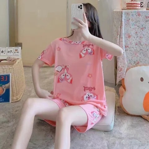 女性用夏の半袖パジャマ、キュートで甘い漫画の半袖プラスサイズのレディースレターガールホームウェア薄手のスーツ|undefined