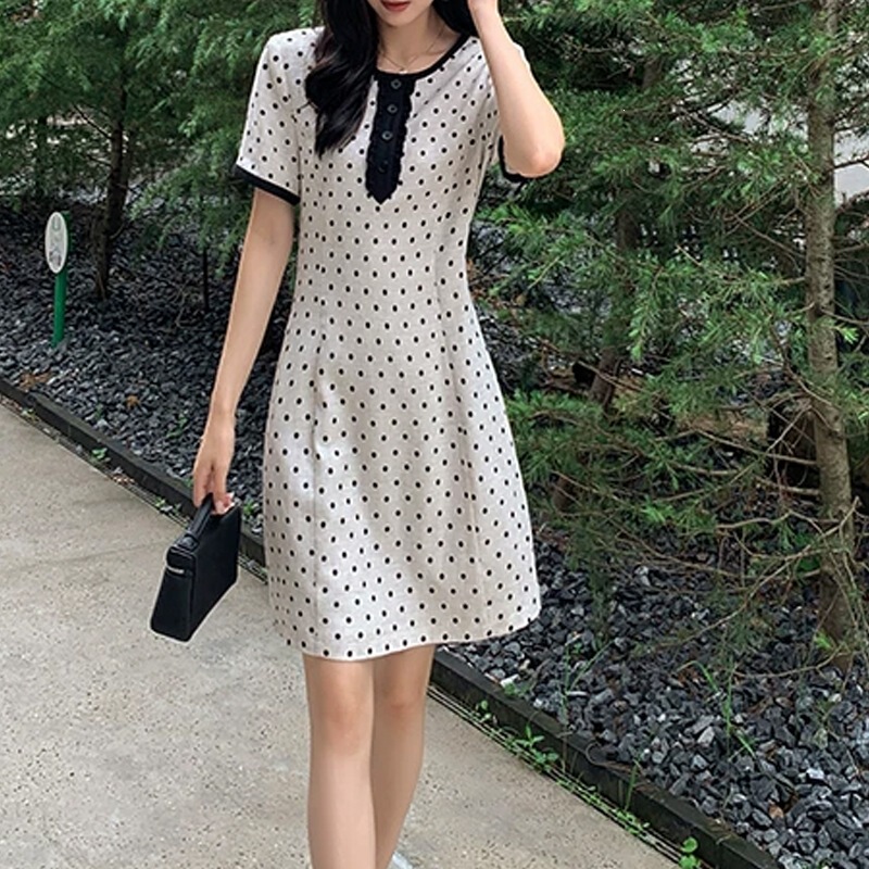 2026 Summer Korean-Style Off-White Polka Dot Dress with Buttons, Lightweight Drapey Straight-Leg Floor-Length Casual Pants