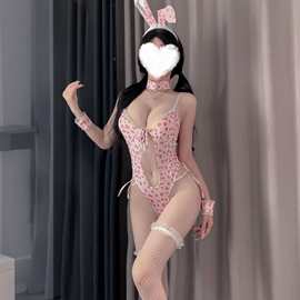 情趣内衣粉豹纹兔女郎纯欲性感开裆连体制服激情诱惑角色扮演套装