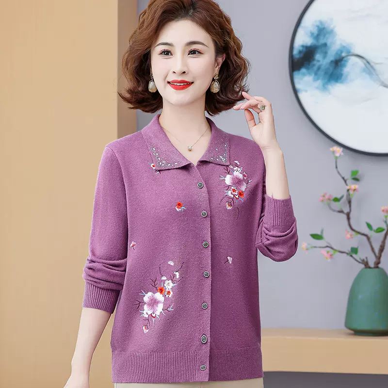 中老年女装春季毛衣针织外套圆领绣花妈妈装开衫大码宽松50岁上衣