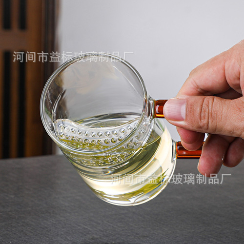 Thickened heat-resistant glass cup with five colors, round mouth with built-in filter, crescent cup, milk juice tea cup, office cup