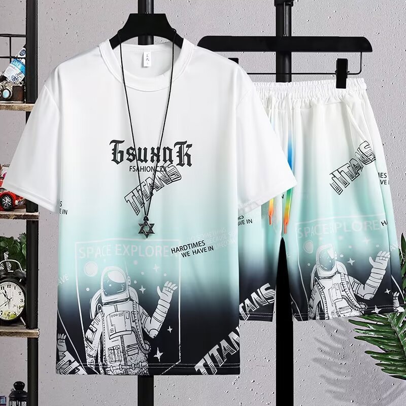 Gradient Casual Suit Summer Men's Ins Trendy Youth Sports Simple Versatile Breathable T-Shirt Shorts Two-Piece Set