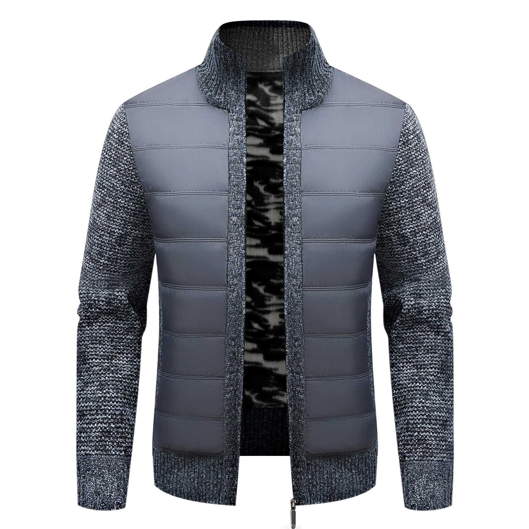 Herren-Strickjacke mit Stehkragen, Fleece-Futter, dick, langärmlig, Farbblock-Strickjacke, warm, schmale Passform, Pullover (mehrere Farben)_voghion.com
