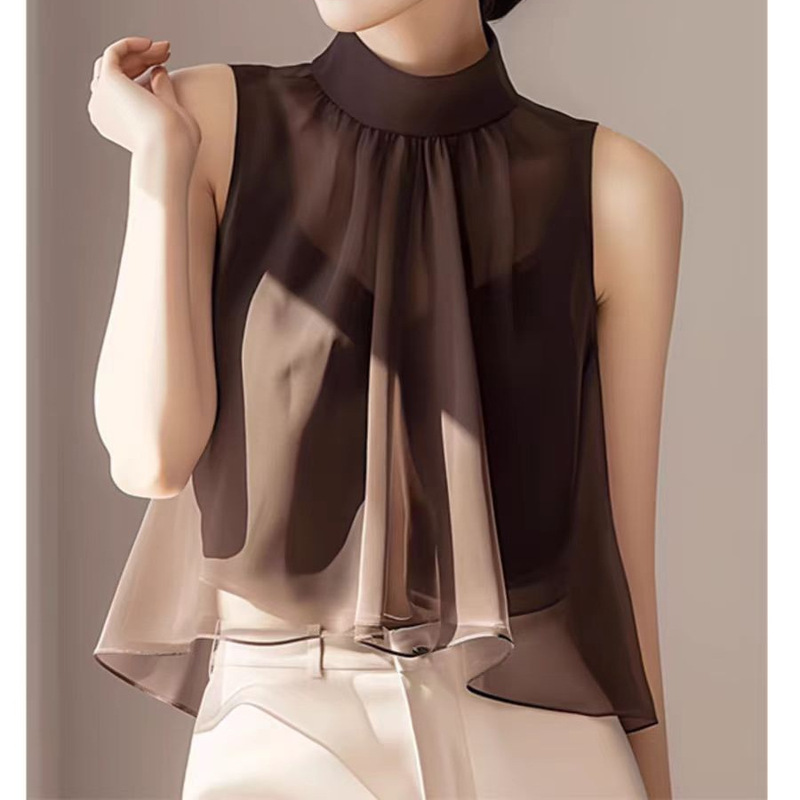 Outfit Niche Neck Sling Shirt Top Summer Women's Royal Sister Gentle Brown Top Fashion Pleated Top