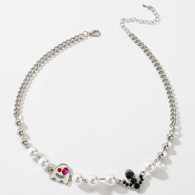 Halloween Devil Cactus Pearl Crystal Collarbone Necklace For Women_voghion.com