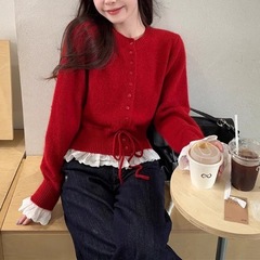 新年红色针织衫毛衣女冬季甜美风设计感荷叶边系带长袖打底衫上衣