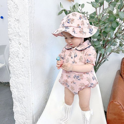  Korean Version Baby Girl Summer Outfit Cherry Short Sleeve Bodysuit Crawling Suit Diaper Cover Hat Set
