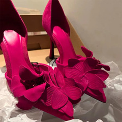 2023 Spring Rose Red Flower Decorated High Heels Sexy Style French Slip-on Stiletto Pointed Toe Sandals for Women